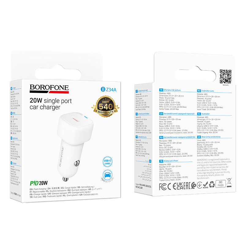Bil laddare Borofone BZ34A Cloud, 20W, 3A, 1 x USB-C, Vit