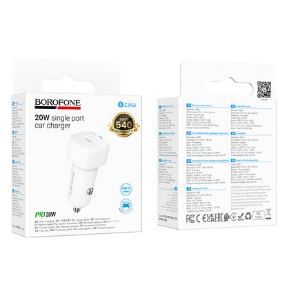 Bil laddare Borofone BZ34A Cloud, 20W, 3A, 1 x USB-C, Vit