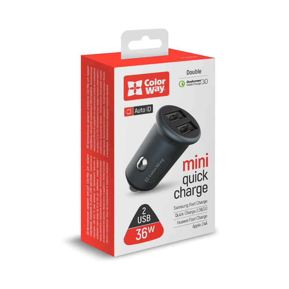 Bil laddare ColorWay, 36W, 3A, 2 x USB-A, Grå