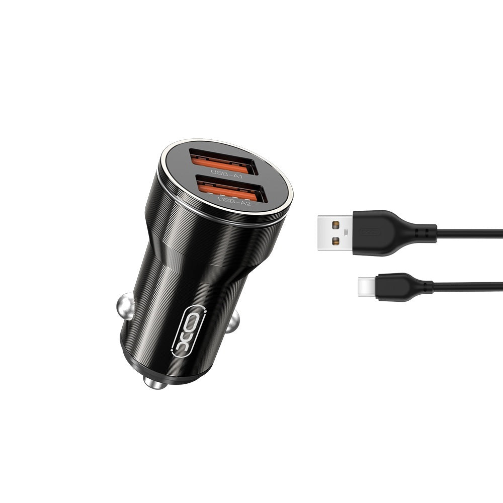 Bil laddare med USB-C kabel XO Design CC48, 12W, 2.4A, 2 x USB-A, Grå