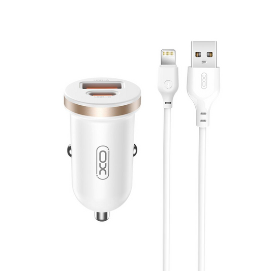 Car Charger with Lightning Cable XO Design CC56, 30W, 3A, 1 x USB-A - 1 x USB-C, White