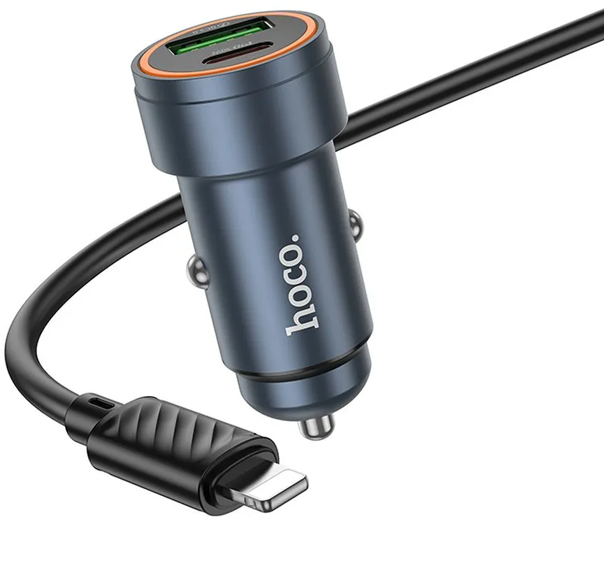Bil laddare med Lightning-kabel HOCO Z57A, 30W, 3A, 1 x USB-A - 1 x USB-C, Grå