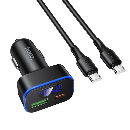 Bil laddare med USB-C-kabel HOCO Z63B Display, 48W, 3A, 1 x USB-A - 1 x USB-C, Svart