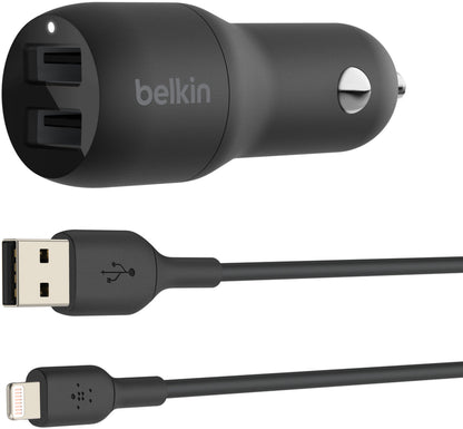 Bil-laddare med Lightning-kabel Belkin BoostCharge Dual, 24W, 2.4A, 2 x USB-A, svart CCD001bt1MBK