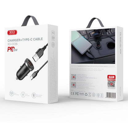Bil laddare med USB-C kabel XO Design CC56, 30W, 3A, 1 x USB-A - 1 x USB-C, Svart