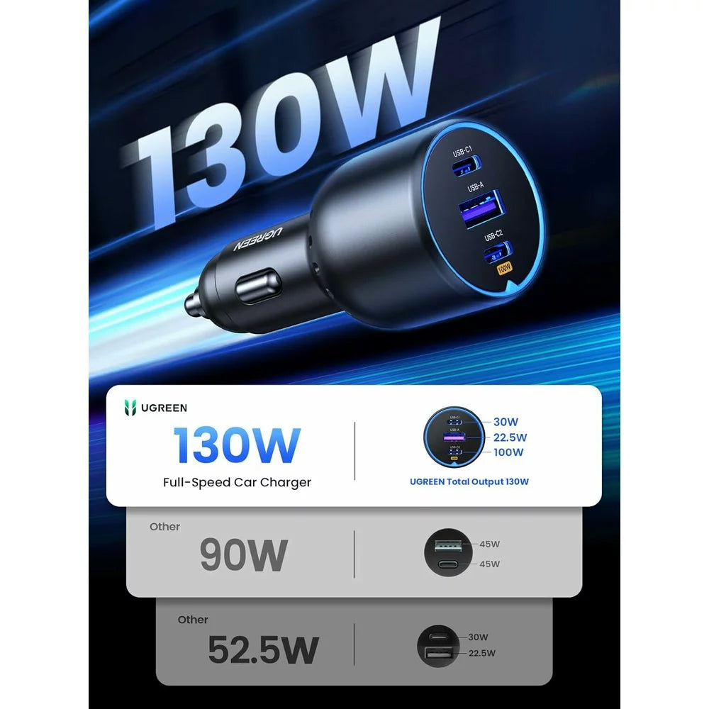 Billaddare med USB-C-kabel UGREEN CD293, 130W, 5A, 1 x USB-A - 2 x USB-C, Svart 