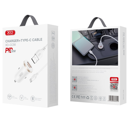 Bil laddare med USB-C kabel XO Design CC56, 30W, 3A, 1 x USB-A - 1 x USB-C, Vit