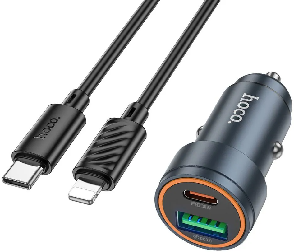 Bil laddare med Lightning-kabel HOCO Z57A, 30W, 3A, 1 x USB-A - 1 x USB-C, Grå