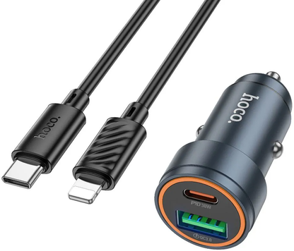 Bil laddare med Lightning-kabel HOCO Z57A, 30W, 3A, 1 x USB-A - 1 x USB-C, Grå
