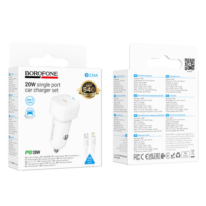 Bil laddare med Lightning-kabel Borofone BZ34B Cloud, 20W, 3A, 1 x USB-A - 1 x USB-C, Vit