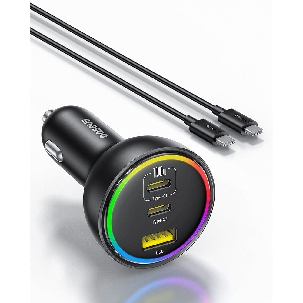 Bil laddare med USB-C kabel från Baseus, 152.5W, 5A, 1 x USB-A - 2 x USB-C, Svart C00036101111-00