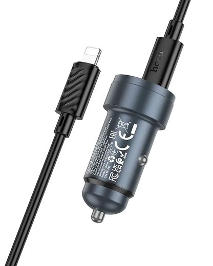 Bil laddare med Lightning-kabel HOCO Z57A, 30W, 3A, 1 x USB-A - 1 x USB-C, Grå