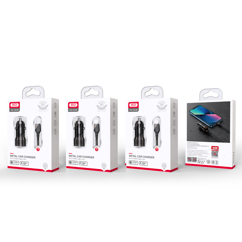 Bil laddare med USB-C kabel XO Design CC48, 12W, 2.4A, 2 x USB-A, Grå