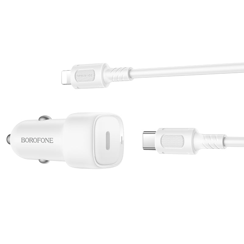 Bil laddare med Lightning-kabel Borofone BZ34B Cloud, 20W, 3A, 1 x USB-A - 1 x USB-C, Vit