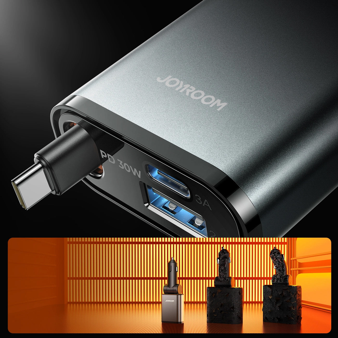 Bil laddare med USB-C kabel Joyroom JR-CCL07, 30W, 3A, 1 x USB-A - 1 x USB-C, Grå