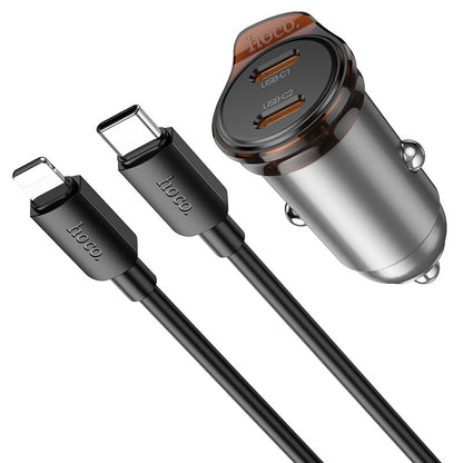 Bil laddare med Lightning-kabel HOCO NZ16B, 45W, 3A, 2 x USB-C, Grå