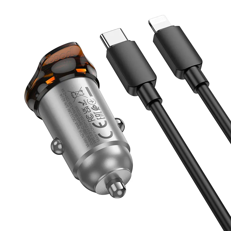 Bil laddare med Lightning-kabel HOCO NZ16, 30W, 3A, 1 x USB-C, Grå