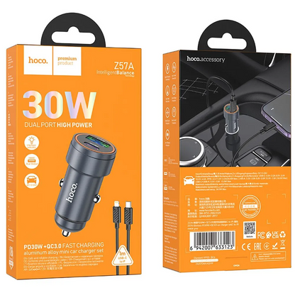 Bil laddare med Lightning-kabel HOCO Z57A, 30W, 3A, 1 x USB-A - 1 x USB-C, Grå