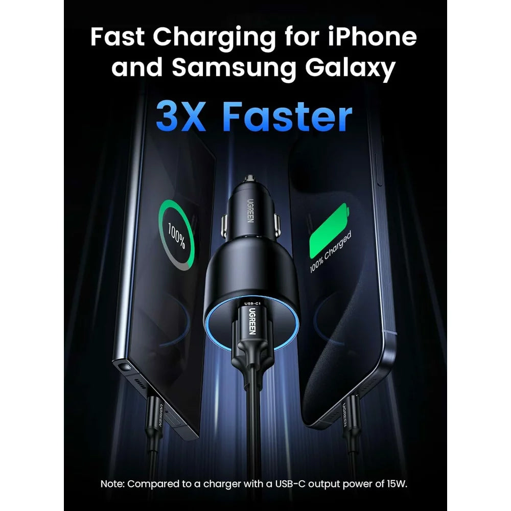 Billaddare med USB-C-kabel UGREEN CD293, 130W, 5A, 1 x USB-A - 2 x USB-C, Svart 