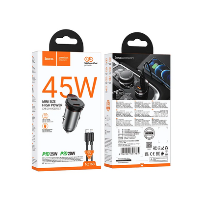 Bil laddare med Lightning-kabel HOCO NZ16B, 45W, 3A, 2 x USB-C, Grå