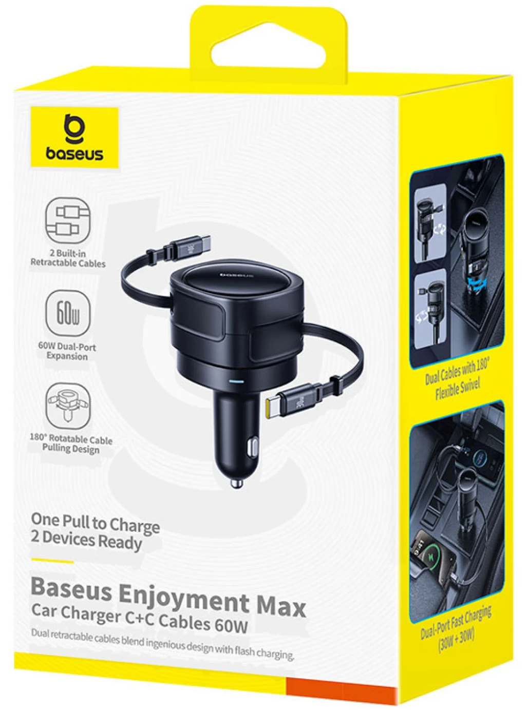 Baseus Enjoyment Max billaddare med USB-C-kabel, 60 W, svart C00035507121-01