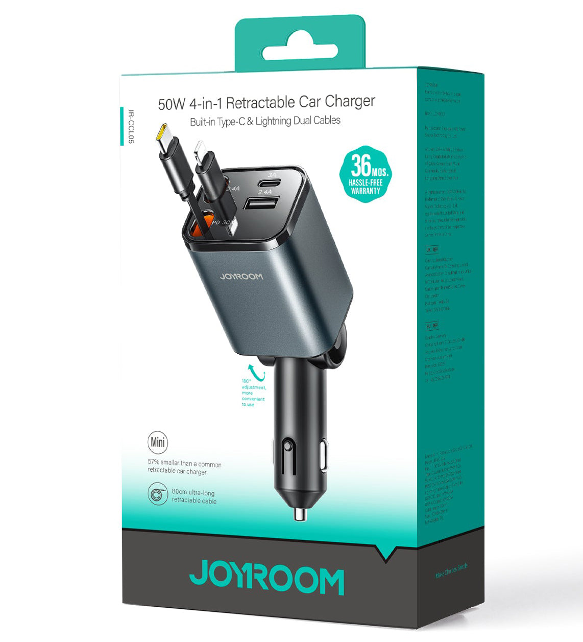 Bil laddare med USB-C / Lightning-kabel Joyroom JR-CCL05, 30W, 3A, 1 x USB-A - 1 x USB-C, Grå