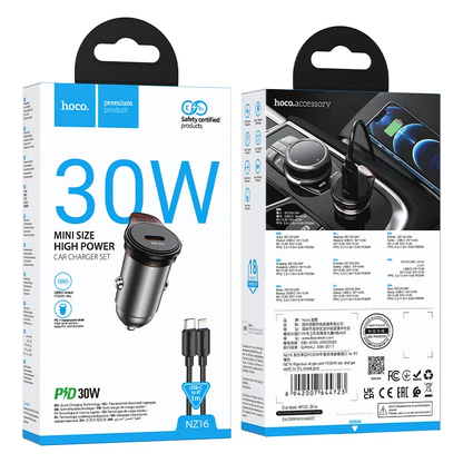 Bil laddare med Lightning-kabel HOCO NZ16, 30W, 3A, 1 x USB-C, Grå