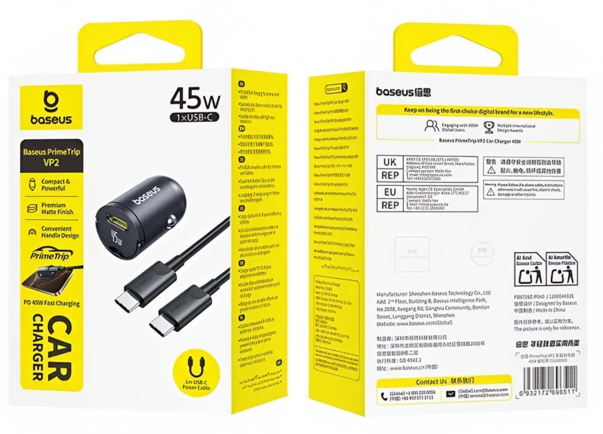 Baseus PrimeTrip VP2 Car Charger with USB-C Cable, 45W, 3A, 1 x USB-C, Black C0206800