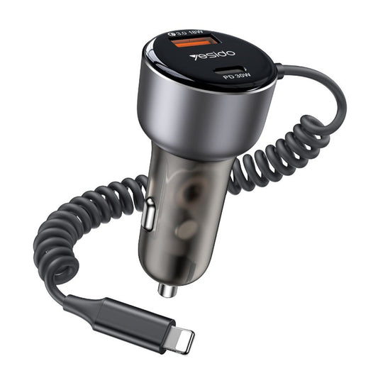 Bil laddare med Lightning-kabel Yesido Y57, 50W, 3A, 1 x USB-A - 1 x USB-C, Svart