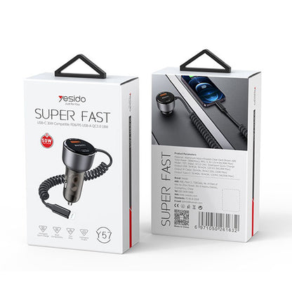 Car Charger with Lightning Cable Yesido Y57, 50W, 3A, 1 x USB-A - 1 x USB-C, Black