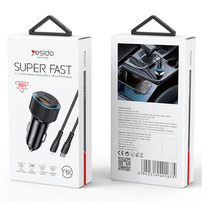 Bil laddare med Lightning-kabel Yesido Y60, 38W, 3A, 1 x USB-A - 2 x USB-C, Svart