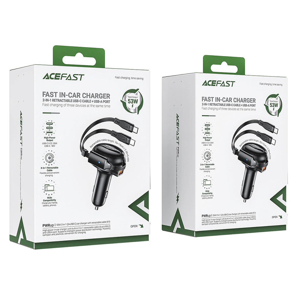 Bil laddare med USB-C kabel Acefast B13, 53W, 3A, 1 x USB-A, Svart
