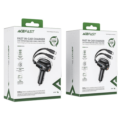 Bil laddare med USB-C kabel Acefast B13, 53W, 3A, 1 x USB-A, Svart