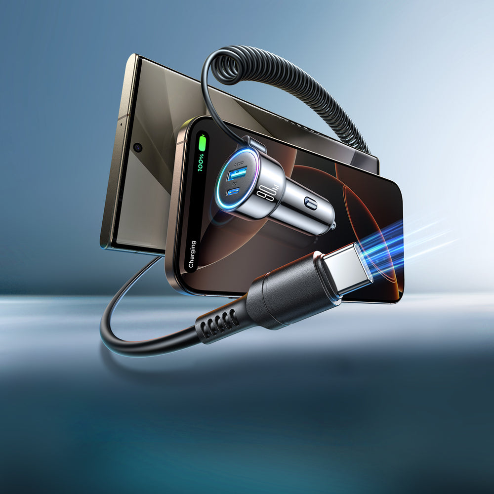 Bil laddare med USB-C kabel Joyroom JR-CL07, 90W, 3A, 1 x USB-A - 1 x USB-C, Svart