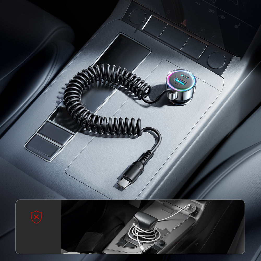 Bil laddare med USB-C kabel Joyroom JR-CL07, 90W, 3A, 1 x USB-A - 1 x USB-C, Svart