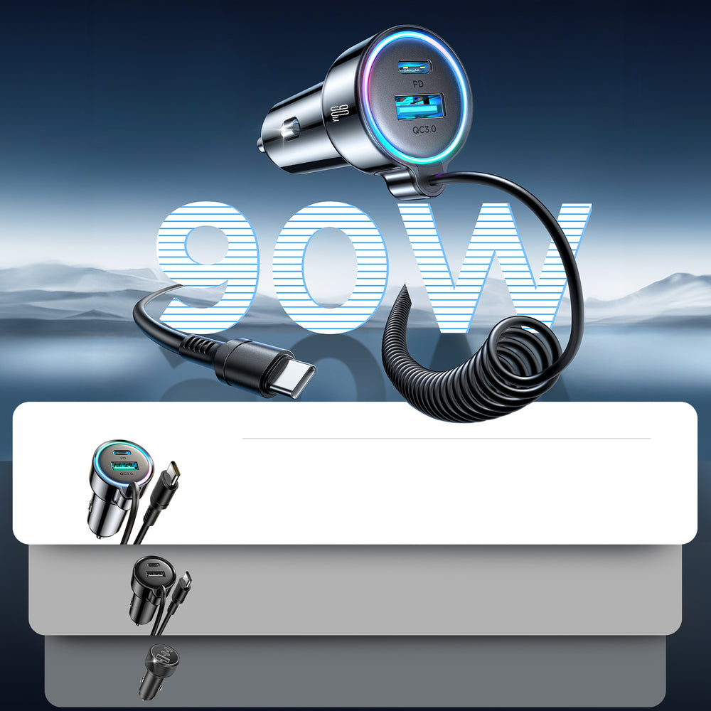 Bil laddare med USB-C kabel Joyroom JR-CL07, 90W, 3A, 1 x USB-A - 1 x USB-C, Svart