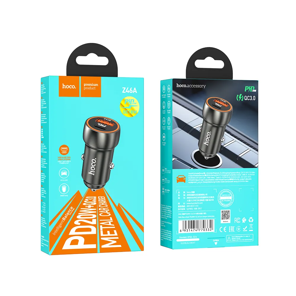 Billaddare HOCO Z46A, 20W, 3A, 1 x USB-A - 1 x USB-C, Grå 