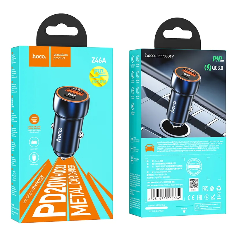 Bil laddare HOCO Z46A, 20W, 3A, 1 x USB-A - 1 x USB-C, Blå