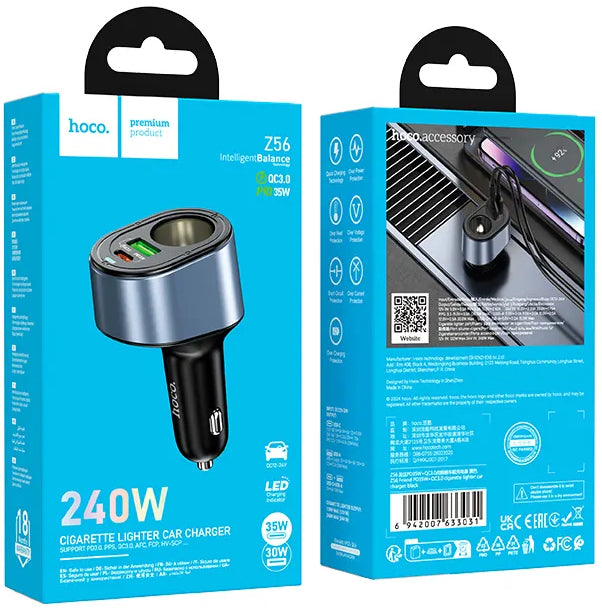 Bil laddare HOCO Z56, 35W, 3A, 1 x USB-A - 1 x USB-C - 1 x cigarettändaruttag, Svart