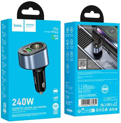 Bil laddare HOCO Z56, 35W, 3A, 1 x USB-A - 1 x USB-C - 1 x cigarettändaruttag, Svart