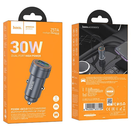 Bil laddare HOCO Z57A, 30W, 3A, 1 x USB-A - 1 x USB-C, Grå