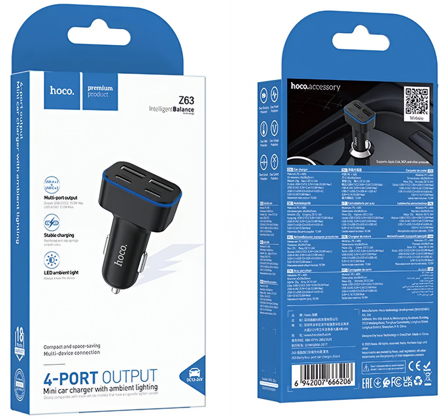 Bil laddare HOCO Z63, 42W, 3A, 2 x USB-A - 2 x USB-C, Svart