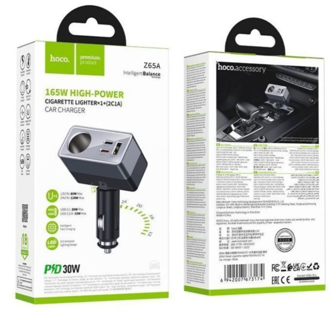 Bil-laddare HOCO Z65A, 165W, 3A, 1 x Tändaruttag - 1 x USB-A - 2 x USB-C, Svart
