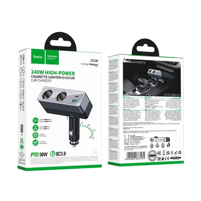 Biladapter HOCO Z65B, 240W, 1 x USB-A - 1 x USB-C - 2 x Tändaruttag, Svart
