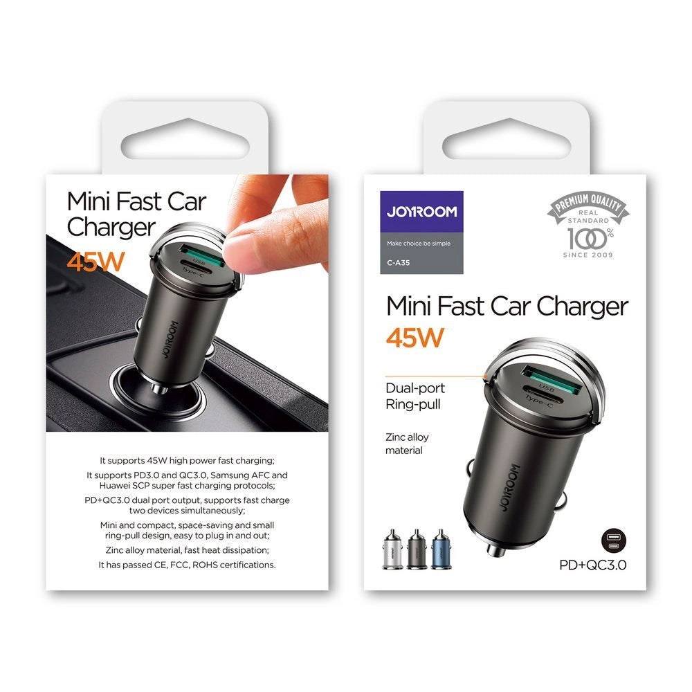 Bil laddare Joyroom C-A35, 45W, 5A, 1 x USB-A - 1 x USB-C, Grå