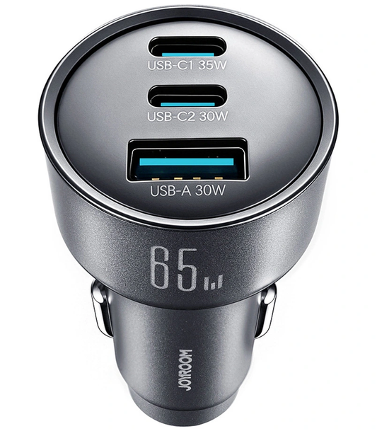 Bil-laddare Joyroom JR-CCN19, 65W, 1 x USB-A - 2 x USB-C, Grå