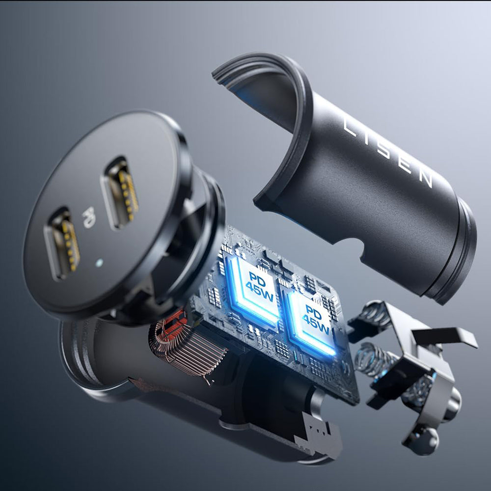 Bil laddare Lisen, 45W, 3A, 2 x USB-C, Svart YL0223080007