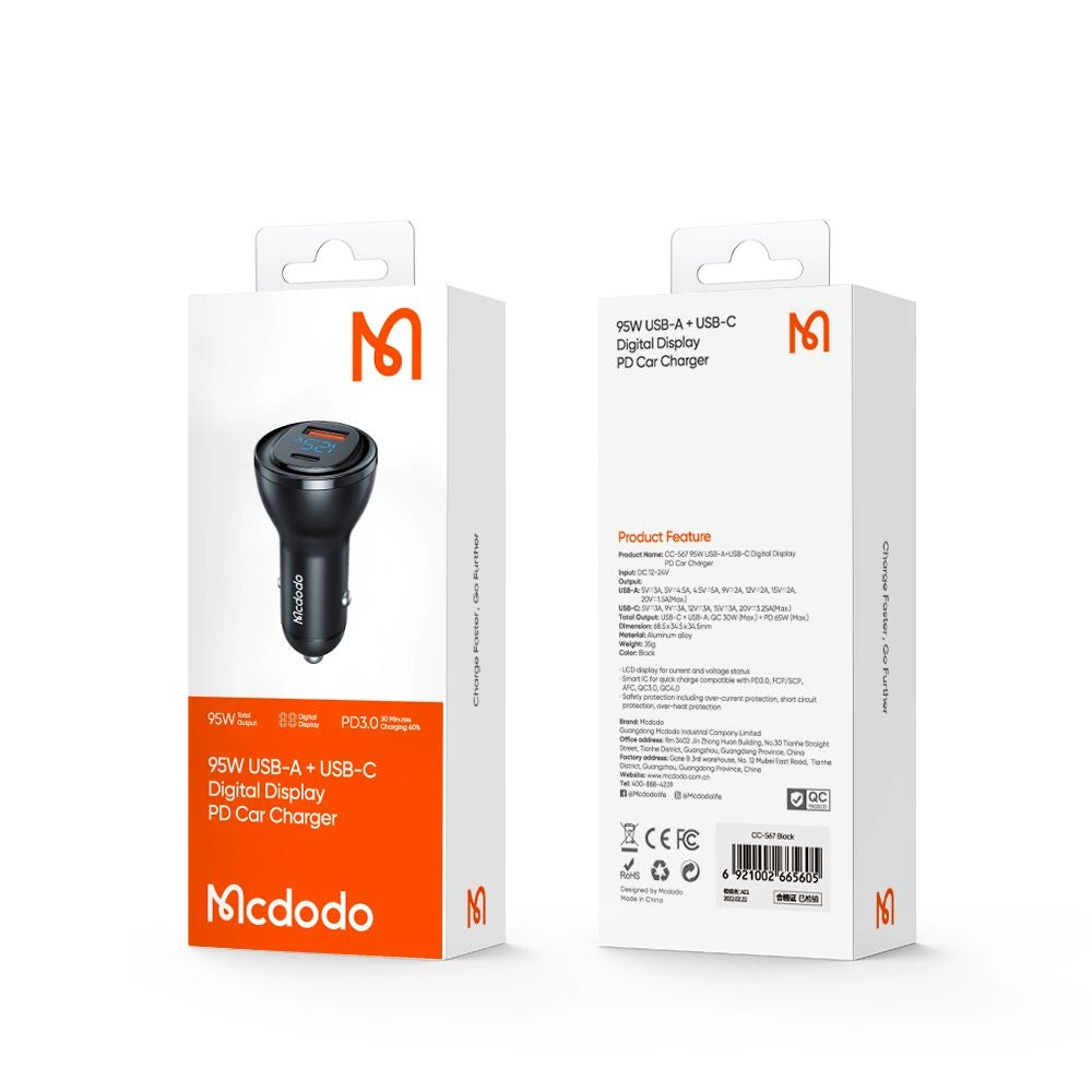 Bil laddare McDodo CC-5670 Display, 95W, 5A, 1 x USB-A - 1 x USB-C, Svart