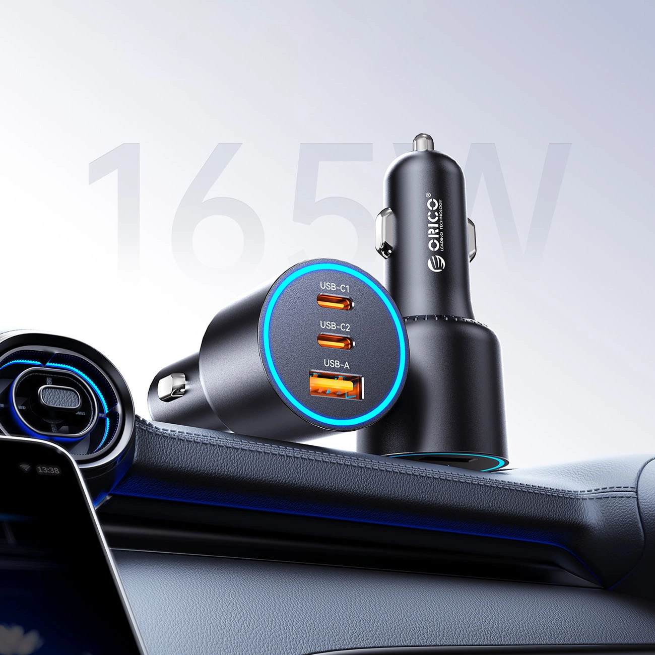 Orico HyperDrive Billaddare, 165W, 5A, 1 x USB-A - 2 x USB-C, Svart