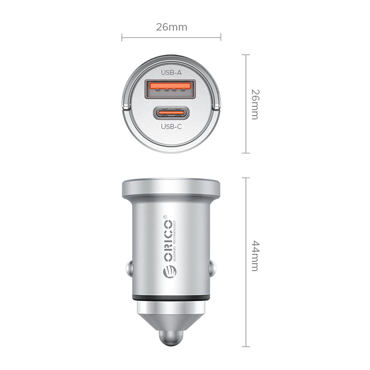 Orico MiniRing Pro Billaddare, 45W, 3A, 1 x USB-A - 1 x USB-C, Silver